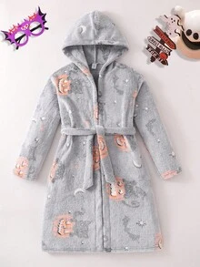 Boys' Grey Minimalist Halloween Pumpkin Glow-In-The-Dark Full Print Long Sleeve Hooded Robe, Suitable For Home Party, Autumn/Winter Fall