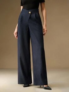 Anewsta Pantalones elegantes de vestir de pierna ancha con pliegues y botones de metal de unicolor para mujer