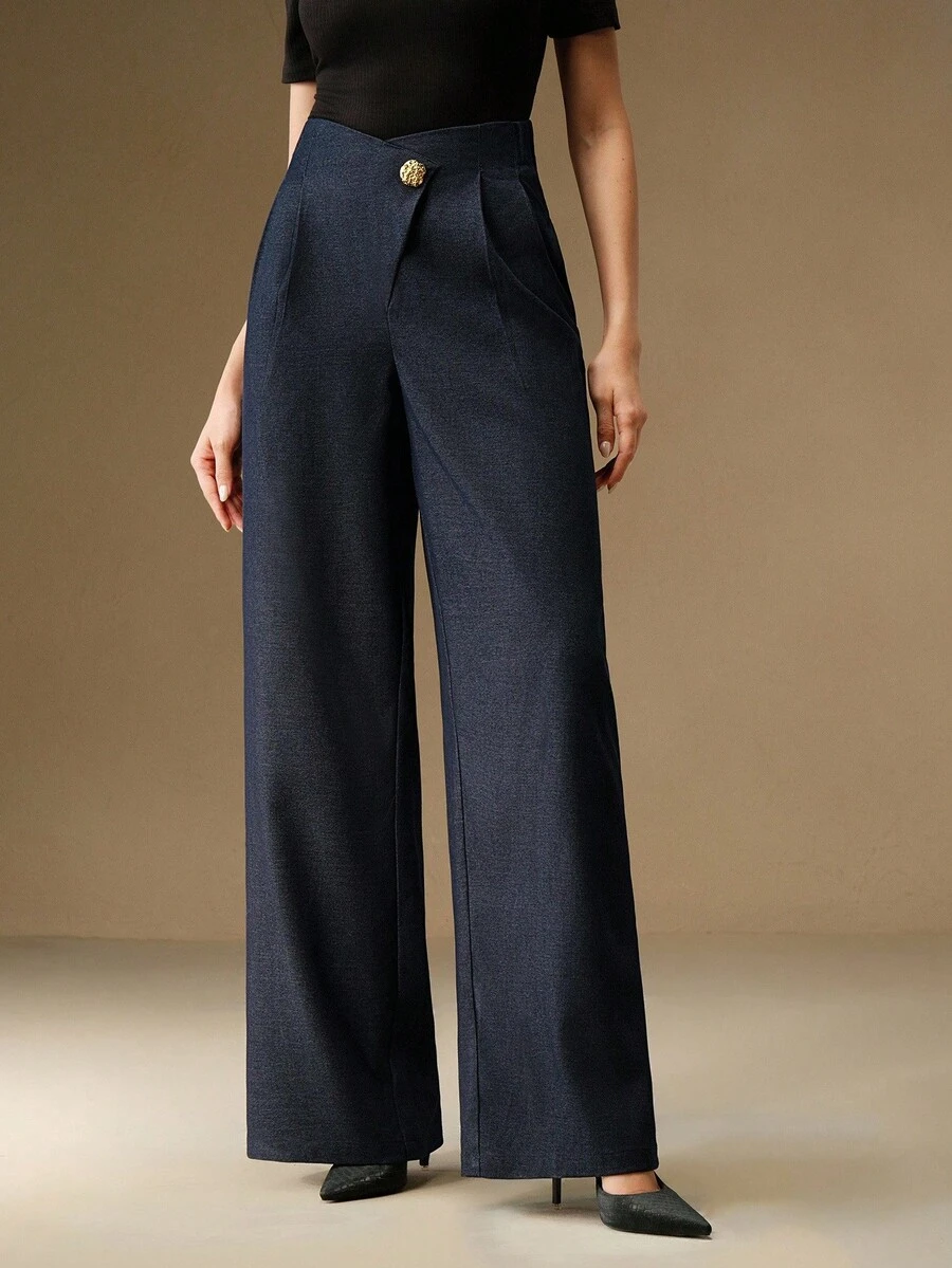 Anewsta Pantalones elegantes de vestir de pierna ancha con pliegues y botones de metal de unicolor para mujer