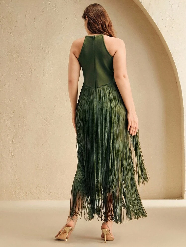 Christmas Limited Edition Plus Size Women's Green Tassel Bandage Dress, Elegant Fitted Slimming High-End Party Maxi Dress