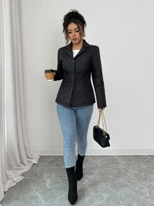 Selianne Elenzga 女士休闲翻领系带绗缝格纹棉质外套，优雅简约，女士冬季外套 - 黑色 - 查看 3