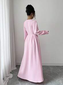 Elenzga Robe élégante à manches longues, col en V, manches bouffantes et perles, couleur unie pour femmes