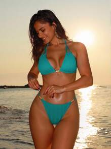 Swim SXY Ladies' Solid Color Halter Tie Sexy Bikini Set With Special Fabric, Perfect For Vacation,Summer Beach - Green - View 1