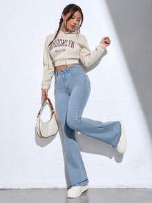 Jeanoix Women's High Waist Pocketed Flare Casual Versatile Jeans - Light Wash - View 5