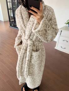 DAZY Women's Leopard Print Mid-Length Lapel Collar Flannel Robe, Winter, Fall Fluffy Pajama, Cozy - Beige - View 8