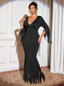 Elenzga Đầm đuôi cá lệch vai cổ chữ V tay dài màu trơn cỡ lớn dành cho nữ, phong cách Gothic cho lễ Halloween - màu đen - Xem 4