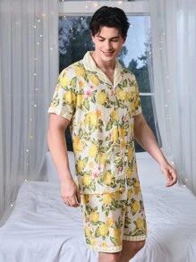 CoupledUp Set pijama bărbătesc cu imprimeu de fructe, mânecă scurtă, top și pantaloni scurți, cu nasturi