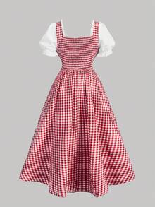 SHEIN MOD 大码复古红白格子女式拼布连衣裙 - 紅白色 - 查看 2
