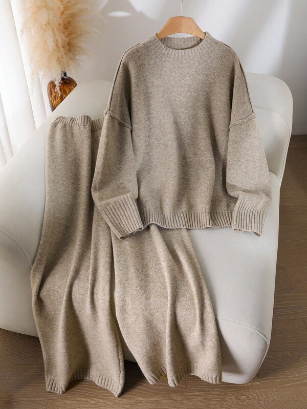CosyJoli Plus Size Women Casual Everyday Simple Solid Color Drop Shoulder Loose Pullover Sweater And Wide Leg Sweater Pants Set, Autumn/Winter Knit Two Piece Set Sweater And Skirt Set Two Piece Lounge Set Beige Two Piece Set Comfortable Two Piece Set Two Piece Knit Set