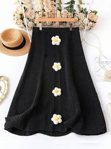 DreamSkyne Halloween Plus Size Women's Knitted A-Line Skirt, Solid Color, Hand Crochet Flower Decor, Winter Fall - Black - View 4