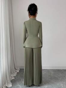 Selianne 2 件套女式长袖西装领收腰 A 字褶喇叭裤套装，绿色，秋冬 - 綠色 - 查看 2