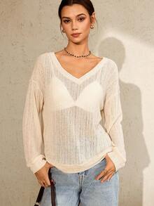 Lymera New Women's White Casual Elegant Sheer Loose V-Neck Sweater Tops With Asymmetric Off Shoulder Autumn Fall Winter For Women New Year Christmas Going Out Party Commuting Occasion