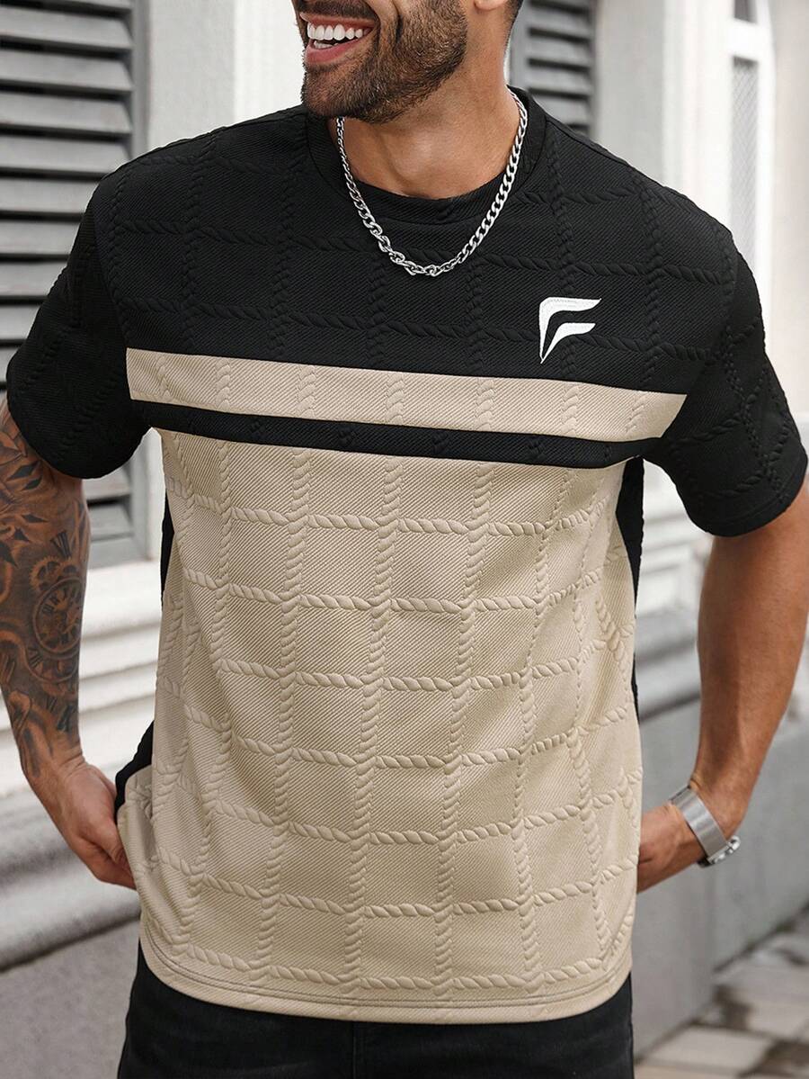 Manfinity Homme Plus Size Men's Colorblock Graphic Print Round Neck Short Sleeve T-Shirt - Khaki - View 1