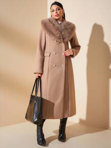 SHEIN Cottnline معطف طويل بياقة من الفرو الصناعي وجيوب وأزرار، معطف شتوي فاخر أنيق بصفين من الأزرار على الطراز الفرنسي الكلاسيكي - بيج - مشاهدة 2