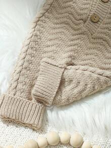 SHEIN 2件套针织新生儿连体衣带绒球帽男婴1个月100天摄影服装婴儿针织纽扣开襟毛衣拍照服装 - 杏色 - 查看 6