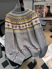 SHEIN Franclia 全新休闲舒适费尔岛圆领圣诞氛围撞色菱形花纹套头毛衣，百搭减龄，女士适用 - 彩色 - 查看 2