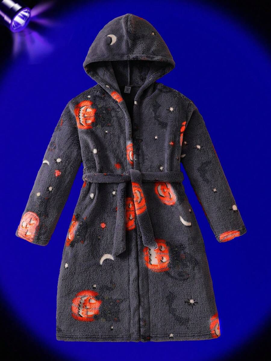 Boys' Grey Minimalist Halloween Pumpkin Glow-In-The-Dark Full Print Long Sleeve Hooded Robe, Suitable For Home Party, Autumn/Winter Fall