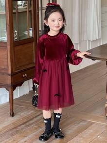 DAZY 女孩年轻女孩秋冬时尚荷叶边拼接蝴蝶结设计长袖天鹅绒网眼派对连衣裙，适合日常穿着、节日和派对圣诞节、新年 - 酒紅色 - 查看 5