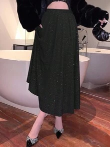 DAZY Women's Casual Sequin Embellished A-Line Skirt, Autumn Luxury