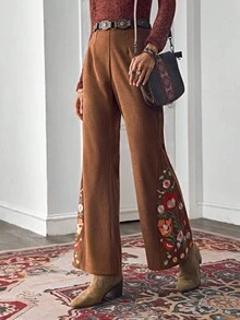 LanaWest Women's Western Casual Coffee Brown Embroidered Flare Pants, LanaWes Fall Cloth For Women