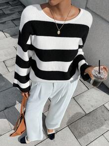 Chiquease Women's French Street Style Contrast Color Striped Bow Back Knit Sweater, Early Autumn - Black and White - View 2