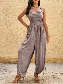 EMERY ROSE Women's Solid Color Pleated Casual Halter Backless Jumpsuit