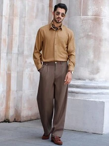 Manfinity Bizformal قميص رجالي كاجوال متعدد الاستخدامات بلون أحادي - قهوة بني - مشاهدة 4