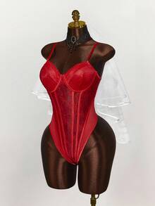 Y2K Amplova 加大码时尚性感透明对比蕾丝紧身衣，万圣节 - 紅色 - 查看 4