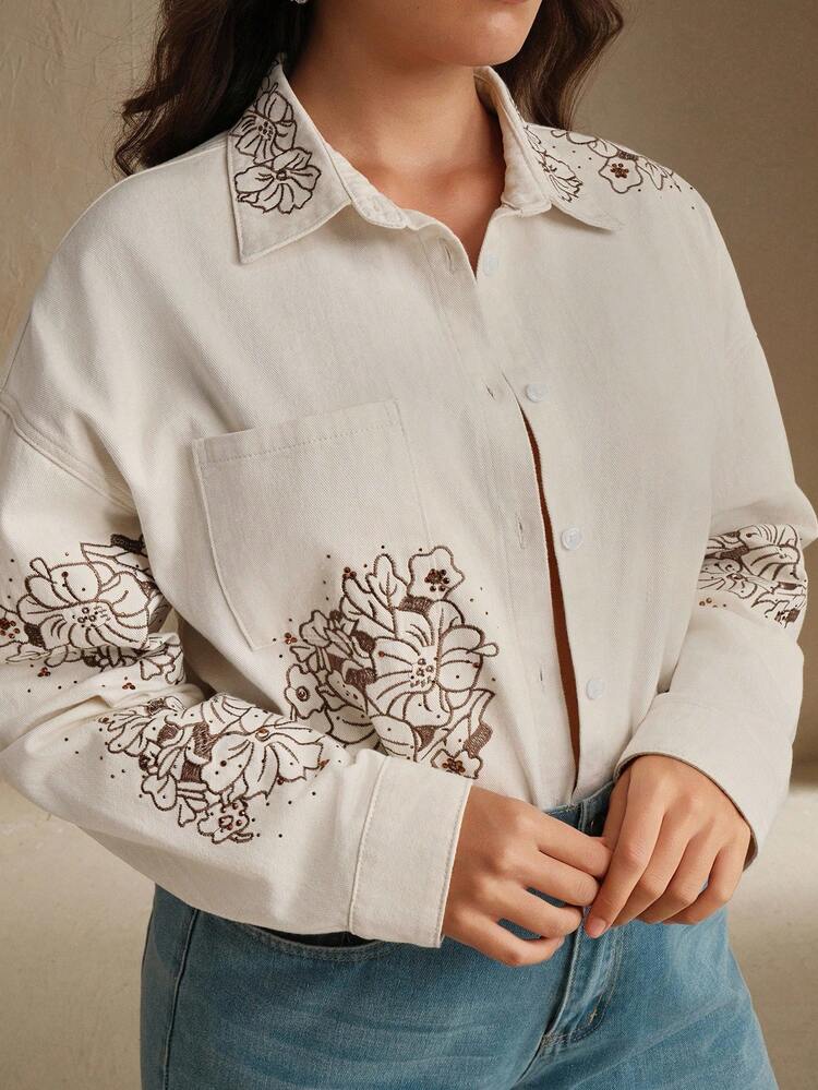 Luxurious Embroidered & Rhinestone Embellished White Denim Jacket For Women