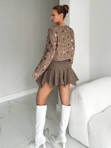 Siren Gaze Siren Gaze Siren Gaze Women's Champagne Color Tweed Sequin Long-Sleeved Woolen Coat Women's Fashion Commuter Sequin Decor Regular Jacket In Fall/Winter Glitter Brown