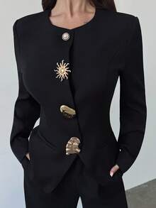 Firerie Women's Elegant Minimalist Metal Button Decor Long Sleeve Blouse, Long Sleeve Asymmetric Button Fitted Top, Black, Suitable For Office Wear Fall Women Clothes / Commuting Wear / Teacher Clothing / Back To School Season / Old Money /Fall Clothes For Women/ Business Casual Woman / Fall Clothes/Office Attire For Women /Work Outfits/ Fall Women Clothes - Black - View 7