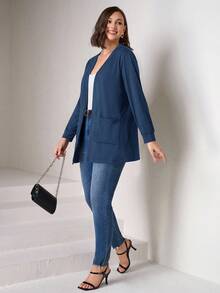 Chikora Plus Size Black Knit Pocket Loose Fit Cardigan With Pockets,Business Casual Woman Winter Fall Autumn - Dusty Blue - View 6