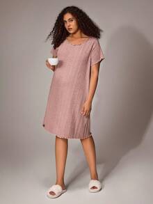 SHEIN Plus Size Women Knit Casual Ribbed Ruffle Trim Round Neck Short Sleeve Nightgown - Dusty Pink - View 5