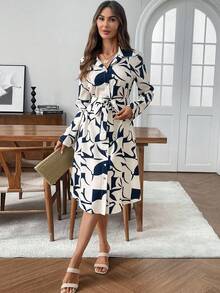 EMERY ROSE Váy midi họa tiết hình học, tay dài, hàng khuy đơn giản dành cho nữ, mùa thu - Nhiều màu - Xem 6
