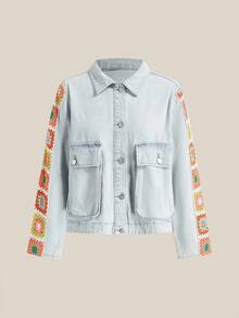 Easelle Veste en jean pour femmes avec manches en laine colorée, coutures, veste d'automne et d'hiver