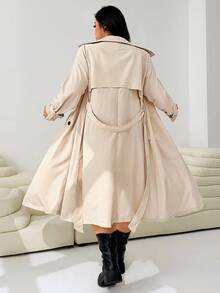 SHEIN EZwear 大码女式纯色翻领长袖双排扣休闲长款风衣外套，秋季 - 摩卡棕 - 查看 2