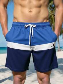 Manfinity Swimmode Men's Contrast Color Drawstring Waist Pocket Casual Beach Shorts - Blue - View 4
