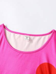 SHEIN Tween 女童修身休闲简约舒适圆领套头衫花卉图案下摆开衩连衣裙 - 玫紅色 - 查看 4