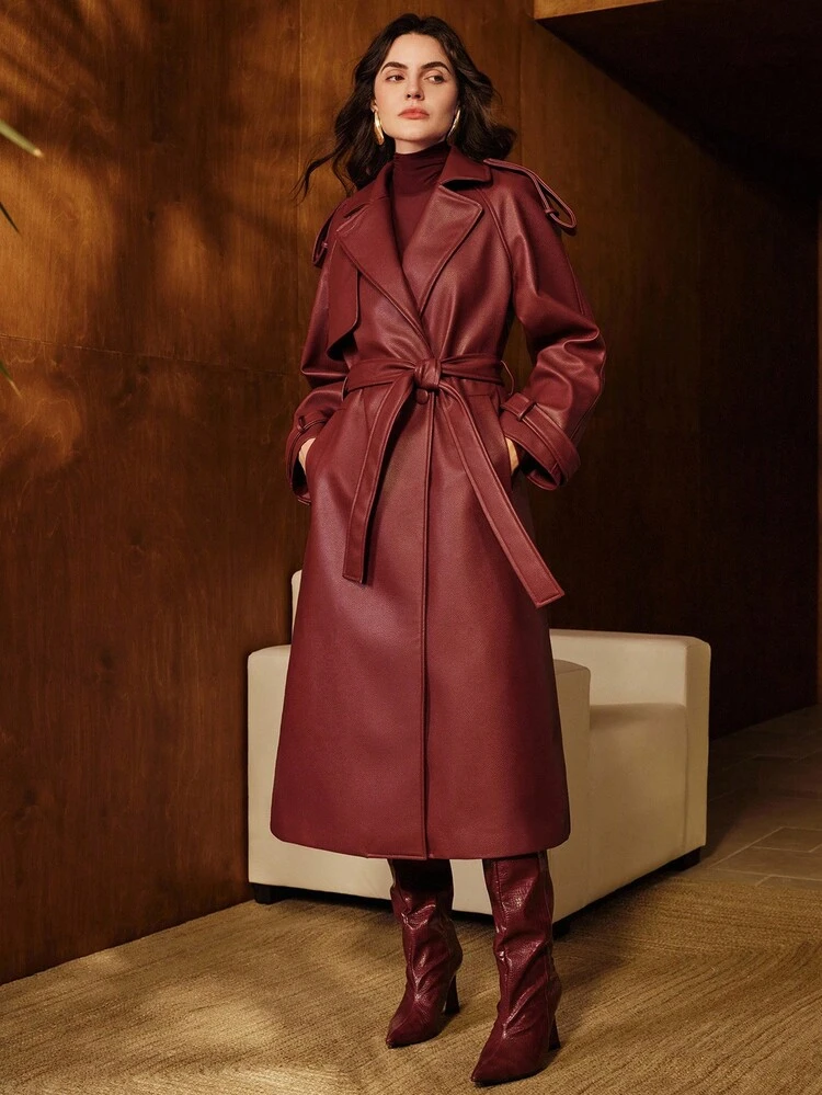 Loose Fit Elegant Litchi Texture Faux Leather Mid-Length Trench Coat, Suitable For Autumn, Fall, Winter, Going Out, Formal, Party, Chic, New Year, Women's Winter Coat, Christmas, Work, Graduation, Burgundy