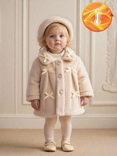 SHEIN 女婴蝴蝶结装饰外套，时尚中长款优雅蝴蝶结领圆领蓬松衬里连帽贝雷帽，秋冬