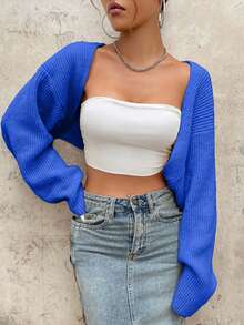 EURMUSE Y2K Grunge Drop Shoulder Open Front Crop Cardigan Without Tube Top - Blue - View 3