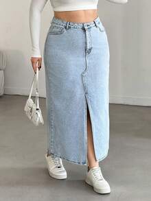 EURMUSE Plus High Waist Front Slit Denim Skirt