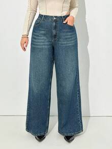 EURMUSE Plus Mid Waist Slant Pocket Wide Leg Boyfriend Jeans - Medium Wash - View 3