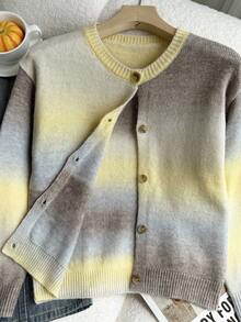 Minimalist Fashion Gradient Yarn Crew Neck Long Sleeve Knit Cardigan - Yellow - View 6