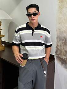 SWAVVY Men's Casual Striped Short Sleeve Polo Neck Knit Top, Spring/Summer - Dark Grey - View 2