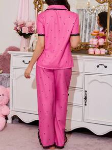 SweetSlumber 女士波尔卡圆点撞色蕾丝领休闲睡衣套装 - 玫紅色 - 查看 2