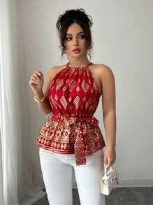 Elenzga Red & Gold Waist Cinched Sleeveless Spaghetti Strap Tie Strap Foil Print Elegant Plus Size Blouse For Women