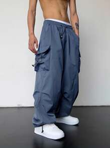 Manfinity Roghcode Pantalones holgados para hombre con bolsillo con solapa y cordón en la cintura, para otoño - Neblina azul - Ver 3