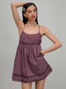 COUREZ Check Babydoll Cami Dress /Summer Outfits For Women /Summer Dresses Going Out Outfits Casual /Y2K Vacation Holiday Cotton Cotton Vintage