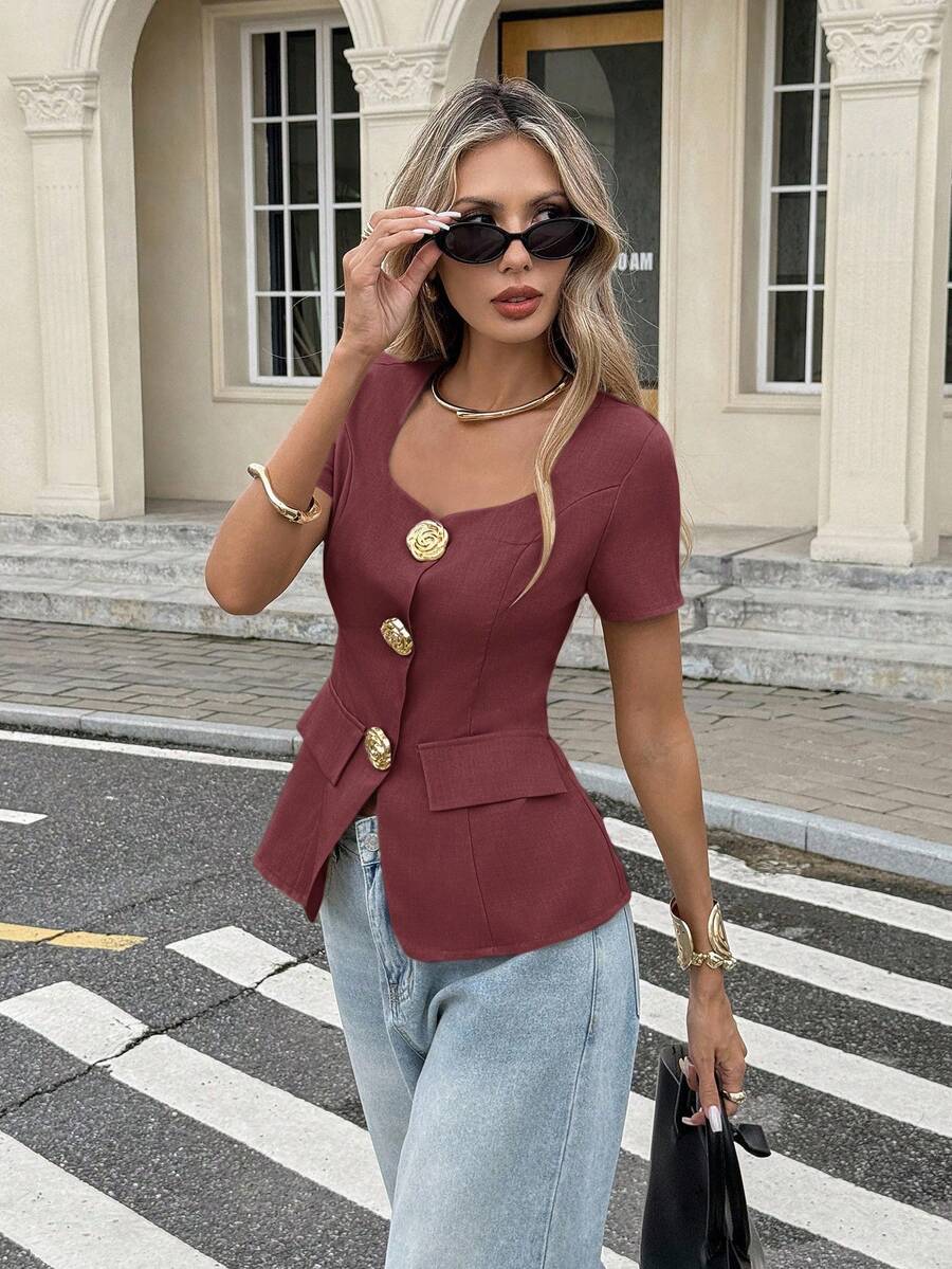 Serisse Women's Solid Color Floral Metal Button Short Sleeve Shirt,Red Top Christmas Elegant Summer New Year Burgundy Valentine's Day - Burgundy - View 1